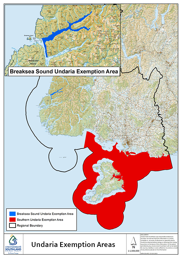 map showing where the Undaria Exemption Areas in Southland are located