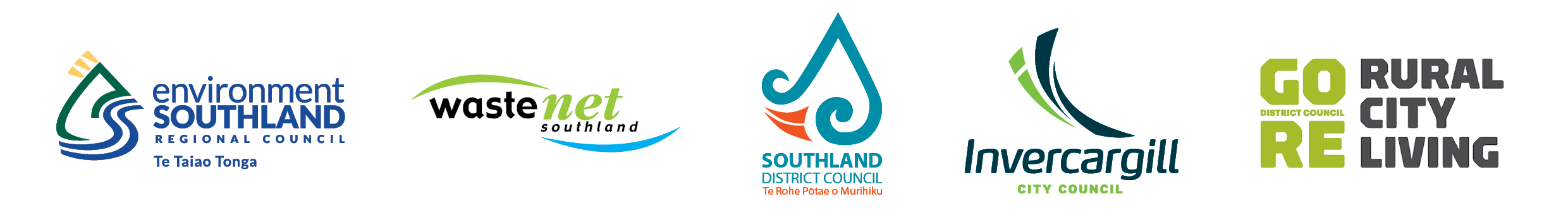 Group of 5 Logos including Environment Southland, Waste Net, Southland District Council, Invercargill City Council and Gore District Council