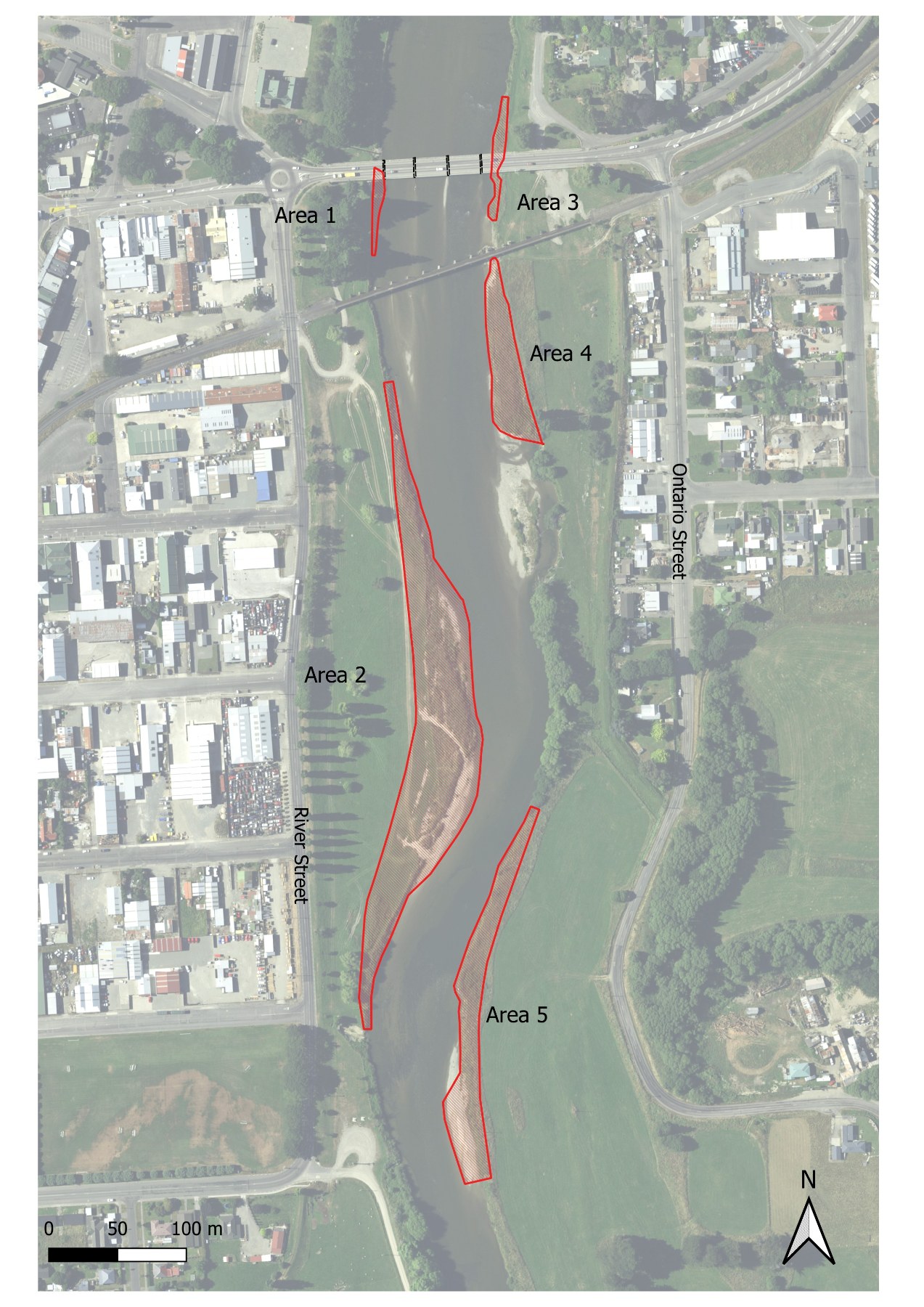 Mataura River at Gore showing the five targeted areas for channel improvements