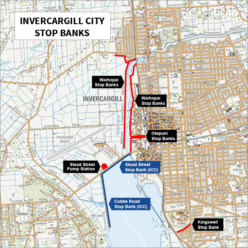 Map showing Invercargill city flood protection work including stop banks maintained by Environment Southland, the Stead St Pump Station, and the Stead St and Cobbe Rd stop banks owned by Invercargill City Council.